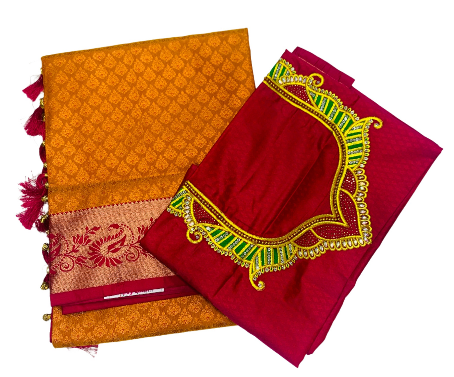 Bridal Vegan Silk Saree Golden Yellow shade with Copper Border with Unstitched blouse in Aari work