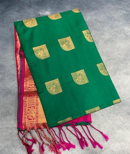 Soft Vegan Silk Saree Light Green Colour with Pink and Sliver Border