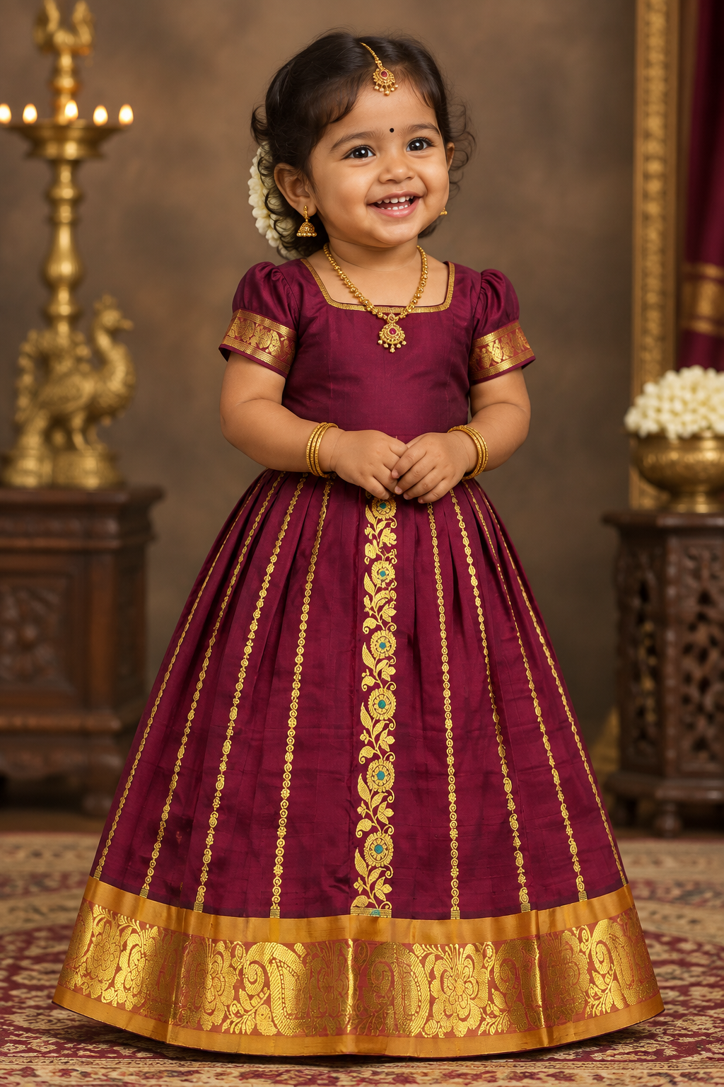 Brown Shade Pure Kanchipuram Kids Pattu Pavadai with Contrast Border for Newborn to 2 Years