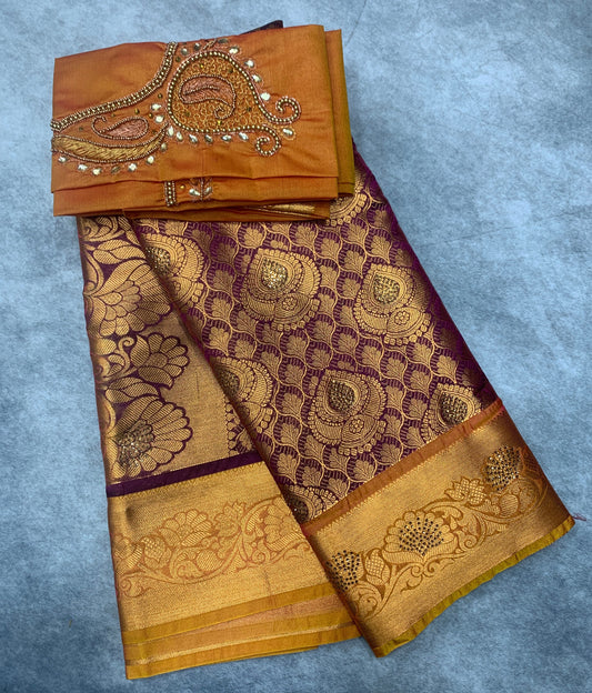 Bridal Vegan Silk Saree Beetroot Pink shade with Golden Yellow Border with Unstitched blouse in Aari Work