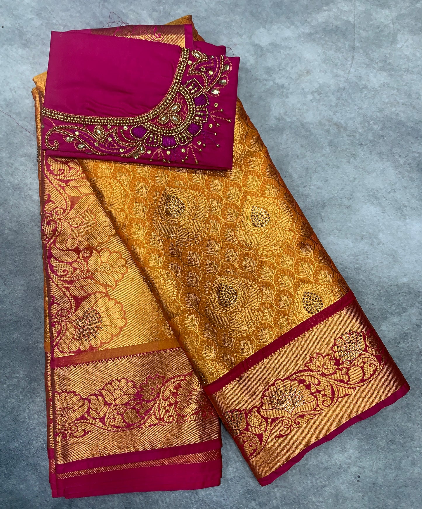 Bridal Vegan Silk Saree Golden Yellow shade with Pink Border with Unstitched blouse in Aari Work