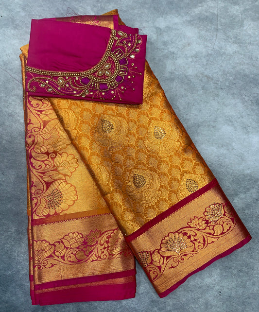 Bridal Vegan Silk Saree Golden Yellow shade with Pink Border with Unstitched blouse in Aari Work