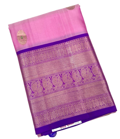 Pure Kanchipuram Silk Saree Baby Pink Colour with Blue Border