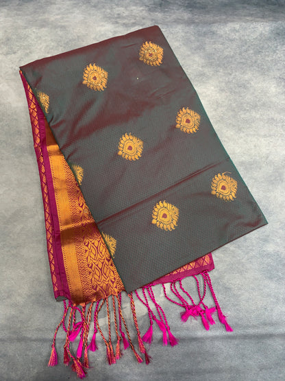 Soft Vegan Silk Saree Grey Colour with Pink and Copper Border