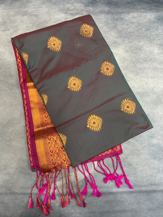 Soft Vegan Silk Saree Grey Colour with Pink and Copper Border