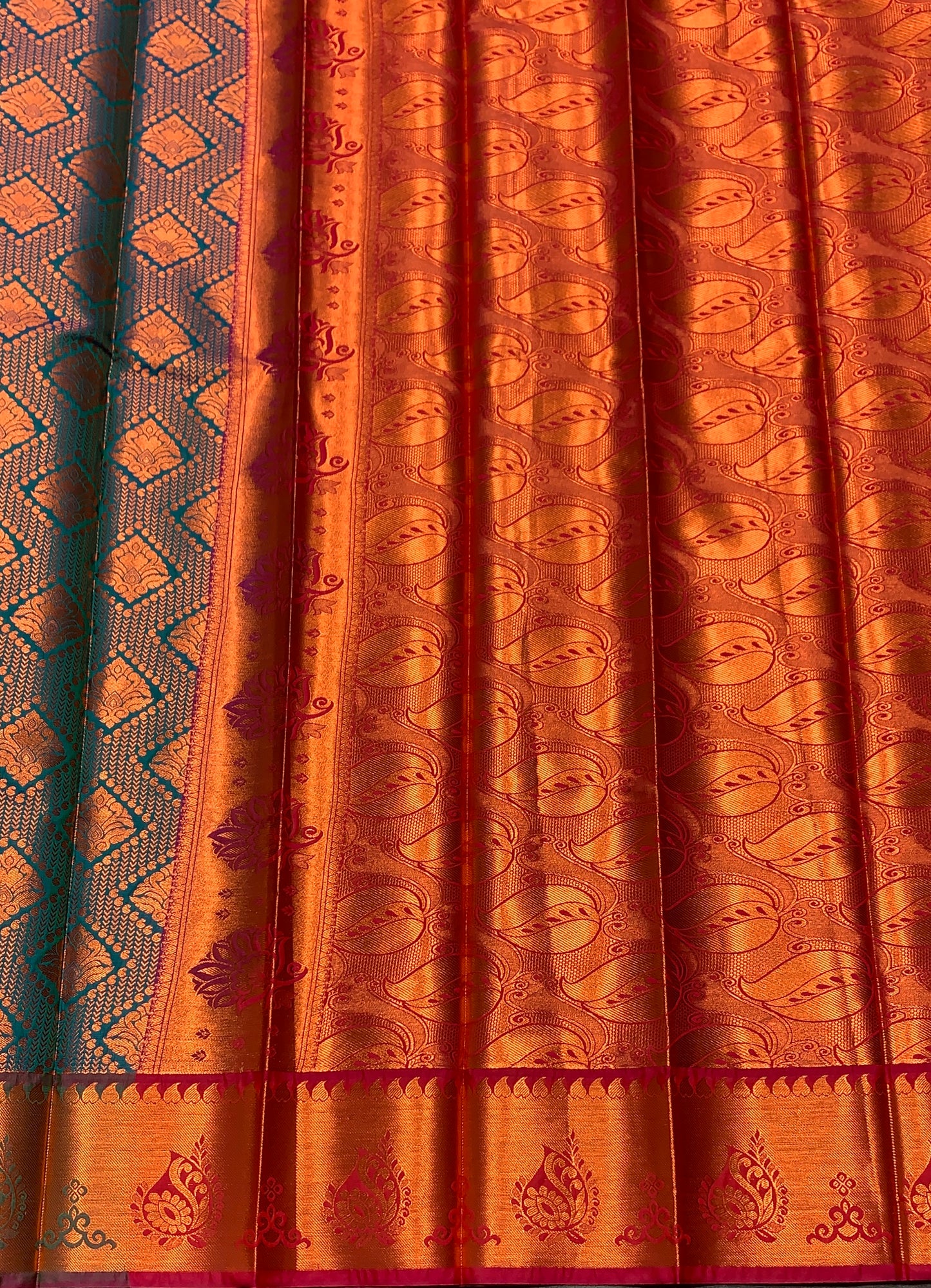 Vegan Silk Saree Aqua Blue Colour with Pink and Copper Border
