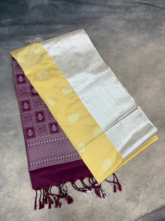 Art Silk Saree Lemon Yellow Colour with Sliver Zari Border