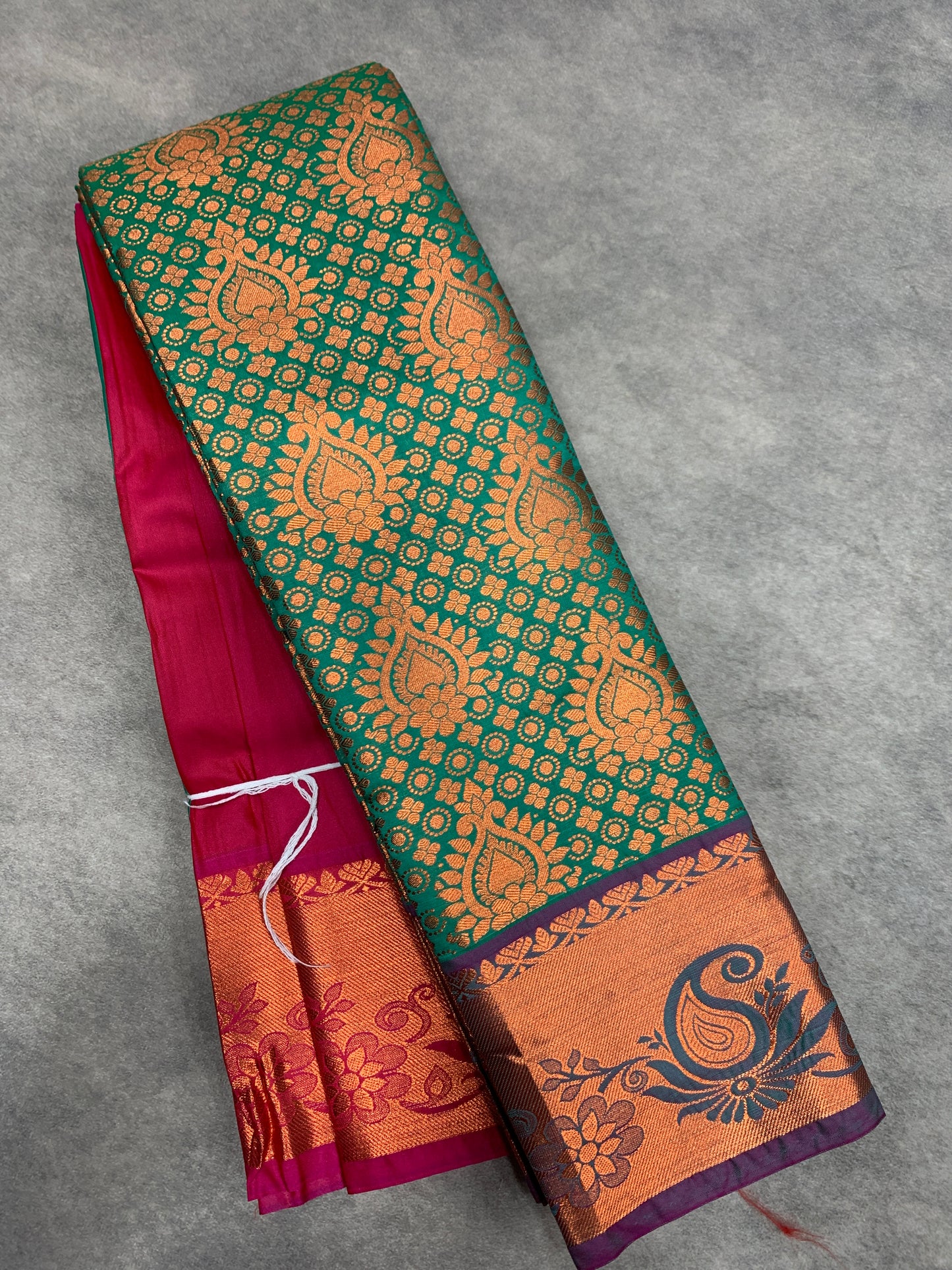 Vegan Silk Saree Light Green Colour with Pink and Copper Border
