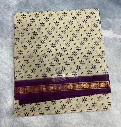 Chettinad Sungudi Cotton Sandal Colour with Magenta Colour Border