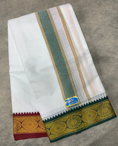 9X5 Cotton Dhoti White Colour with Green and Brown Border with Angavastarm