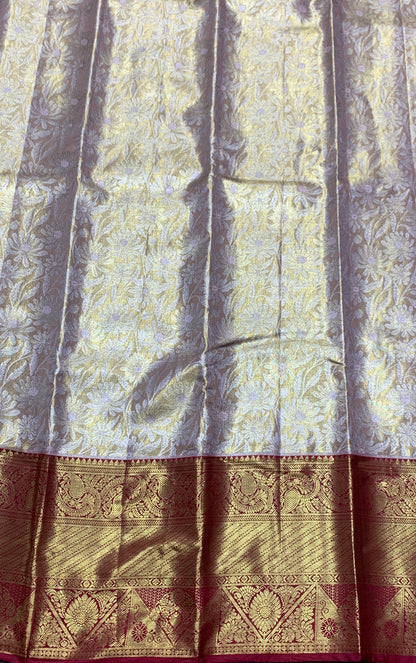 Semi Silk Golden and Sliver Shade with Large Maroon Border