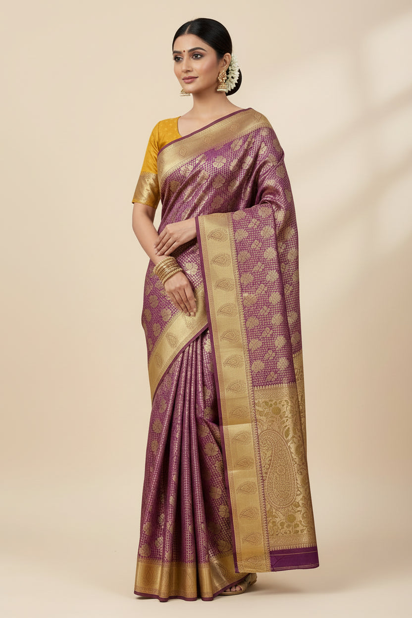 Vegan Silk Saree Maroon Colour with Golden Yellow and Copper Border