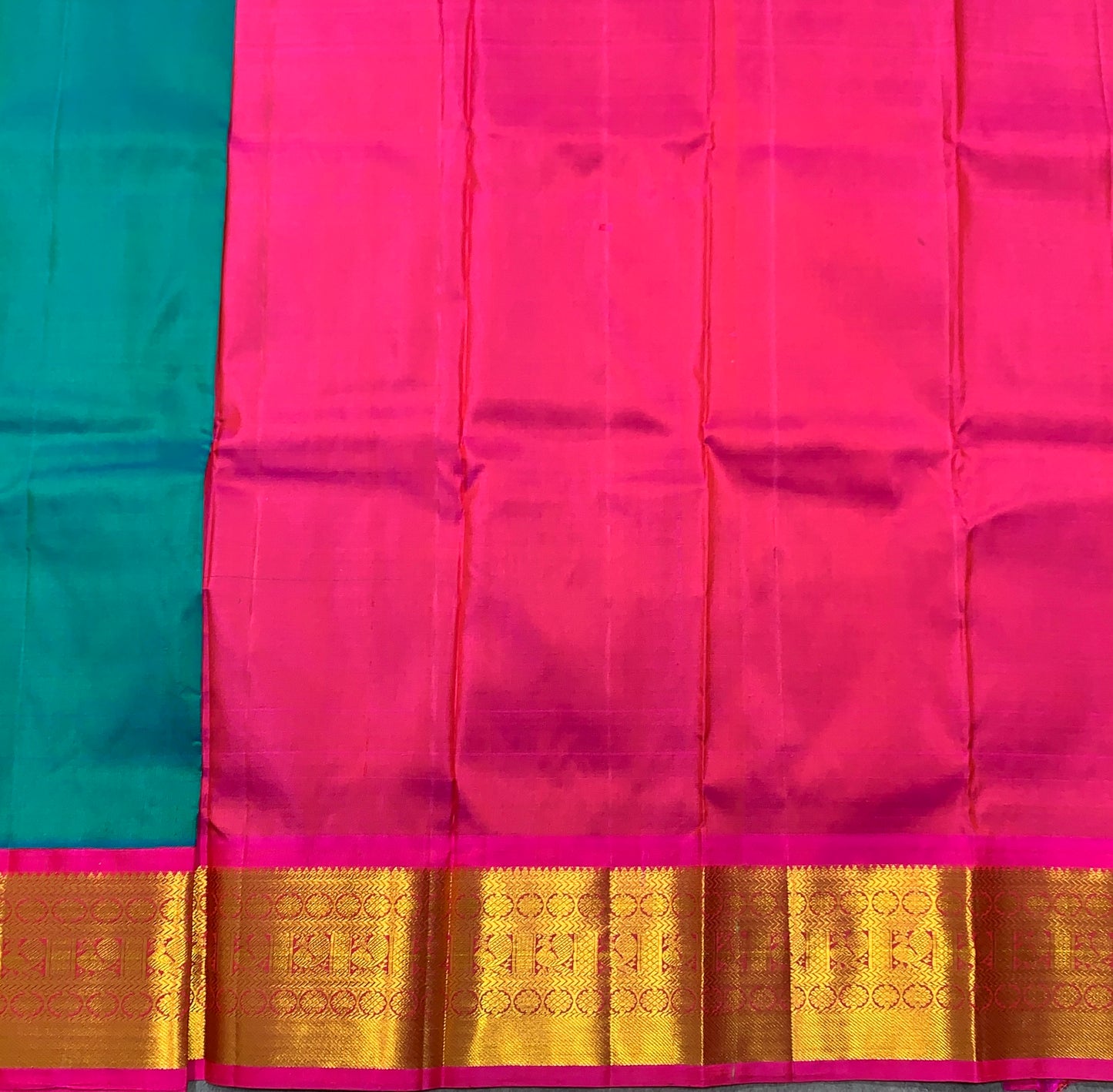 Rama Green shade Pure Kanchipuram Kids Pattu Pavadai with Contrast Border for Newborn to 2 Years