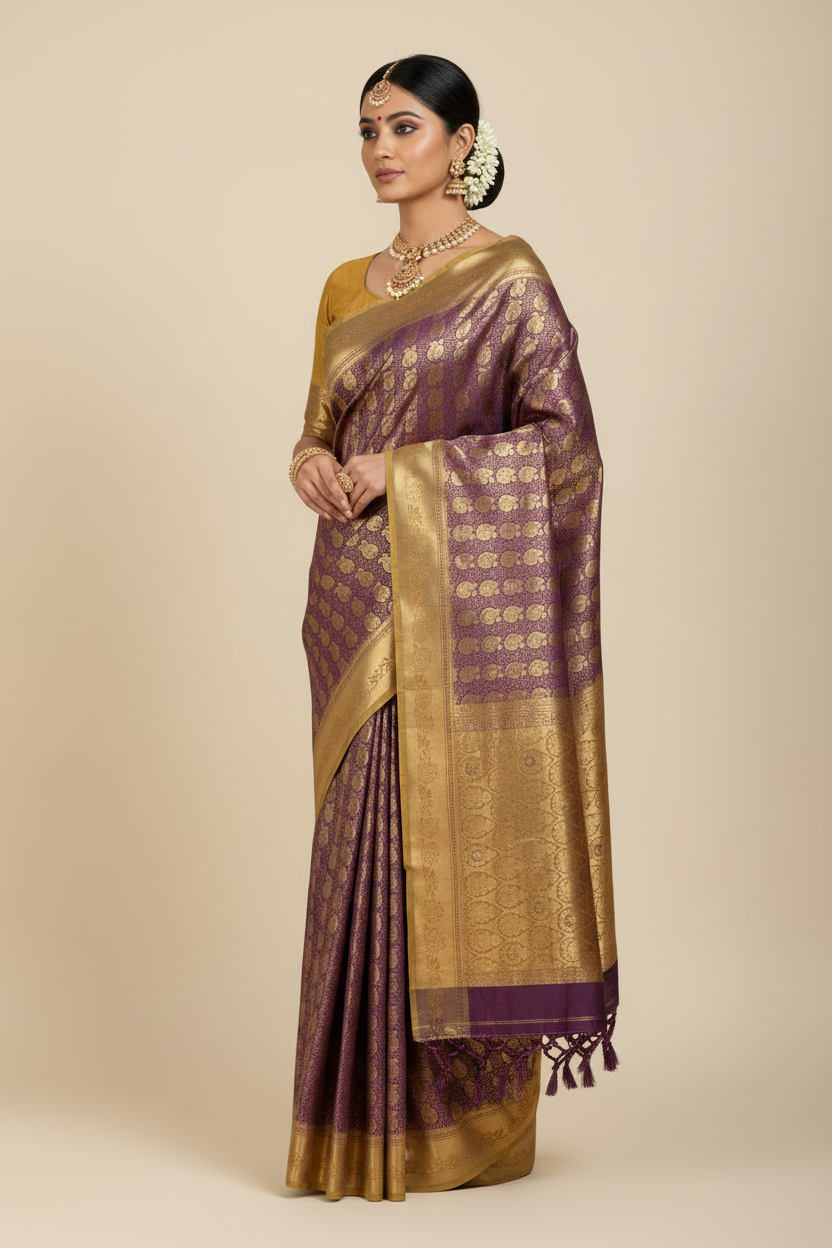 Vegan Silk Saree Brown Colour with Copper and Golden Yellow Border