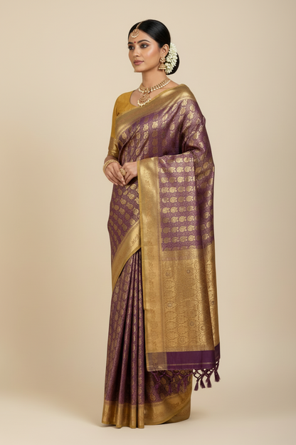 Vegan Silk Saree Brown Colour with Copper and Golden Yellow Border