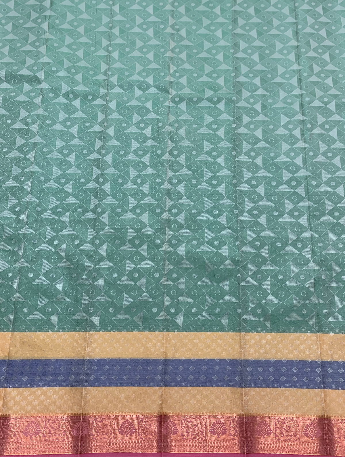 Poly Cotton Saree Pastel Green Colour with Vibrant Multicolour Border