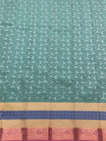 Poly Cotton Saree Pastel Green Colour with Vibrant Multicolour Border