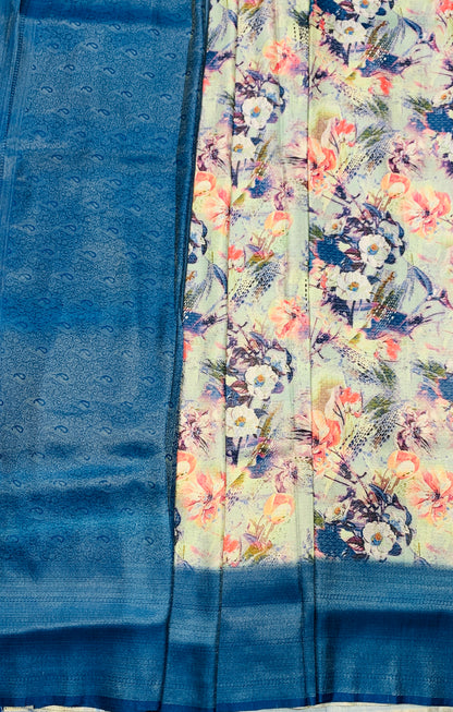 Digital Print Silk Saree Blue Colour with Floral Pattern