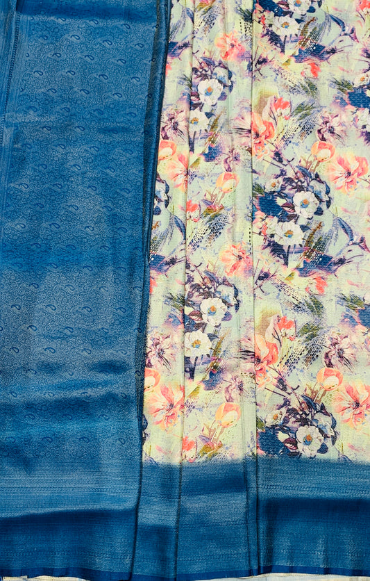 Digital Print Silk Saree Blue Colour with Floral Pattern