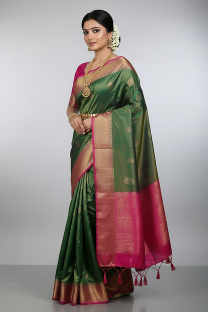 Soft Silk Saree Green Colour with Pink Colour Pallu