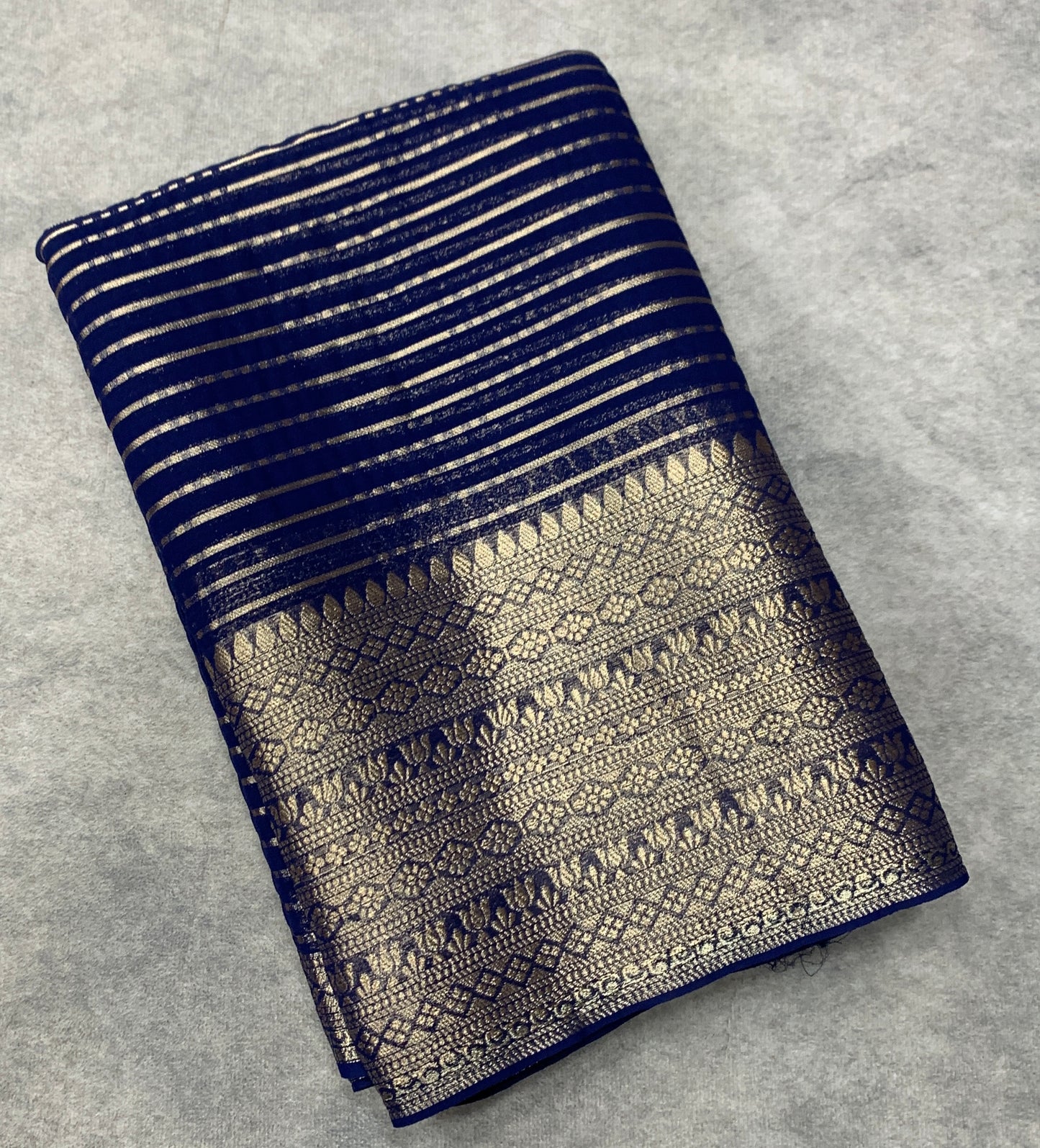 Georgette Saree Navy Blue Colour with Sliver Floral Design Border