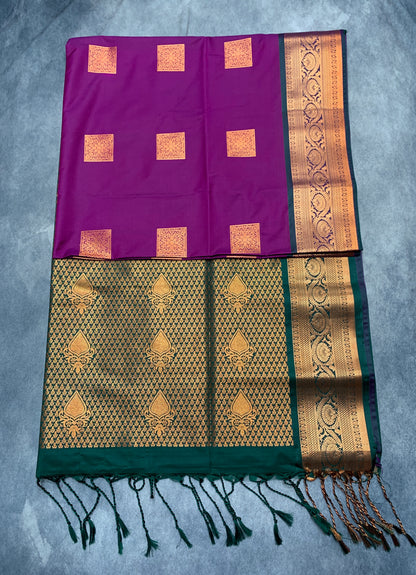 Soft Vegan Silk Saree Magenta Colour with Green and Copper Border