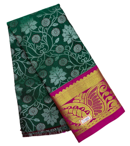 Peacock Green Shade Vegan Silk Kids Pattu Pavadai with Contrast Border for Newborn to 2 Years