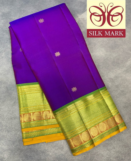 Pure Kanchipuram Silk Purple Colour with Lime Green and Golden Zari Border