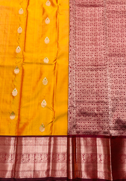 Pure Kanchipuram Silk Saree Mango Yellow Colour with Maroon Border