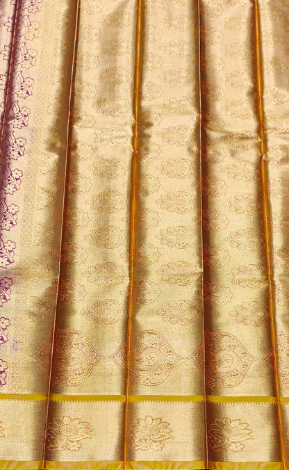 Vegan Silk Saree Maroon Colour with Copper and Golden Yellow Border