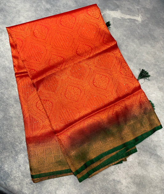 Soft Silk Saree Red Colour and Stone Work with Green Colour Pallu