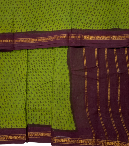 9 yards Cotton Saree Olive Green Colour with Brown Border