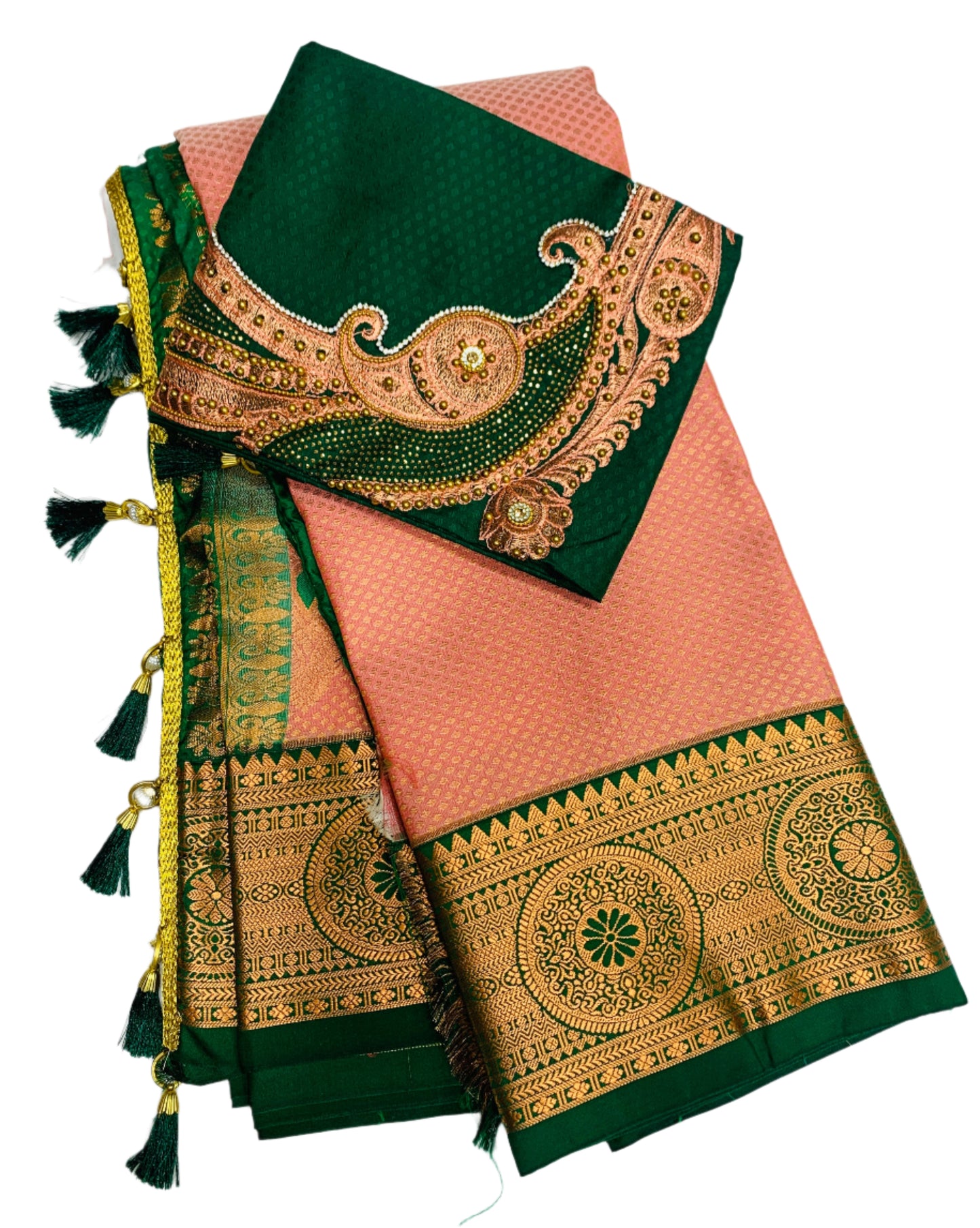 Bridal Vegan Silk Saree Sandal Colour with Green Border with Unstitched blouse in Aari work