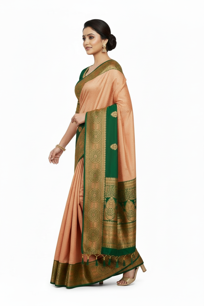 Bridal Vegan Silk Saree Sandal Colour with Green Border with Unstitched blouse in Aari work