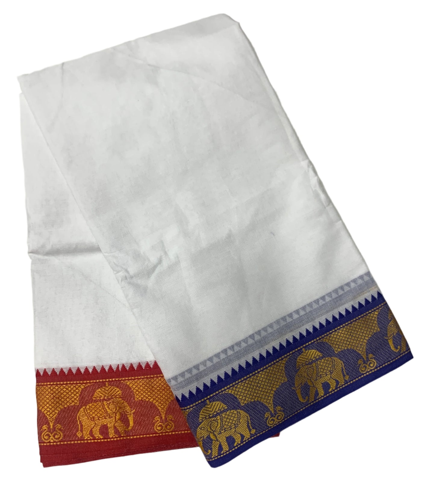 9X5 Cotton Dhoti White Blue and Red Border with Angavastram