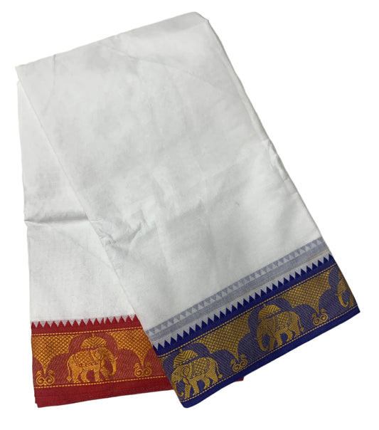 9X5 Cotton Dhoti White Blue and Red Border with Angavastram