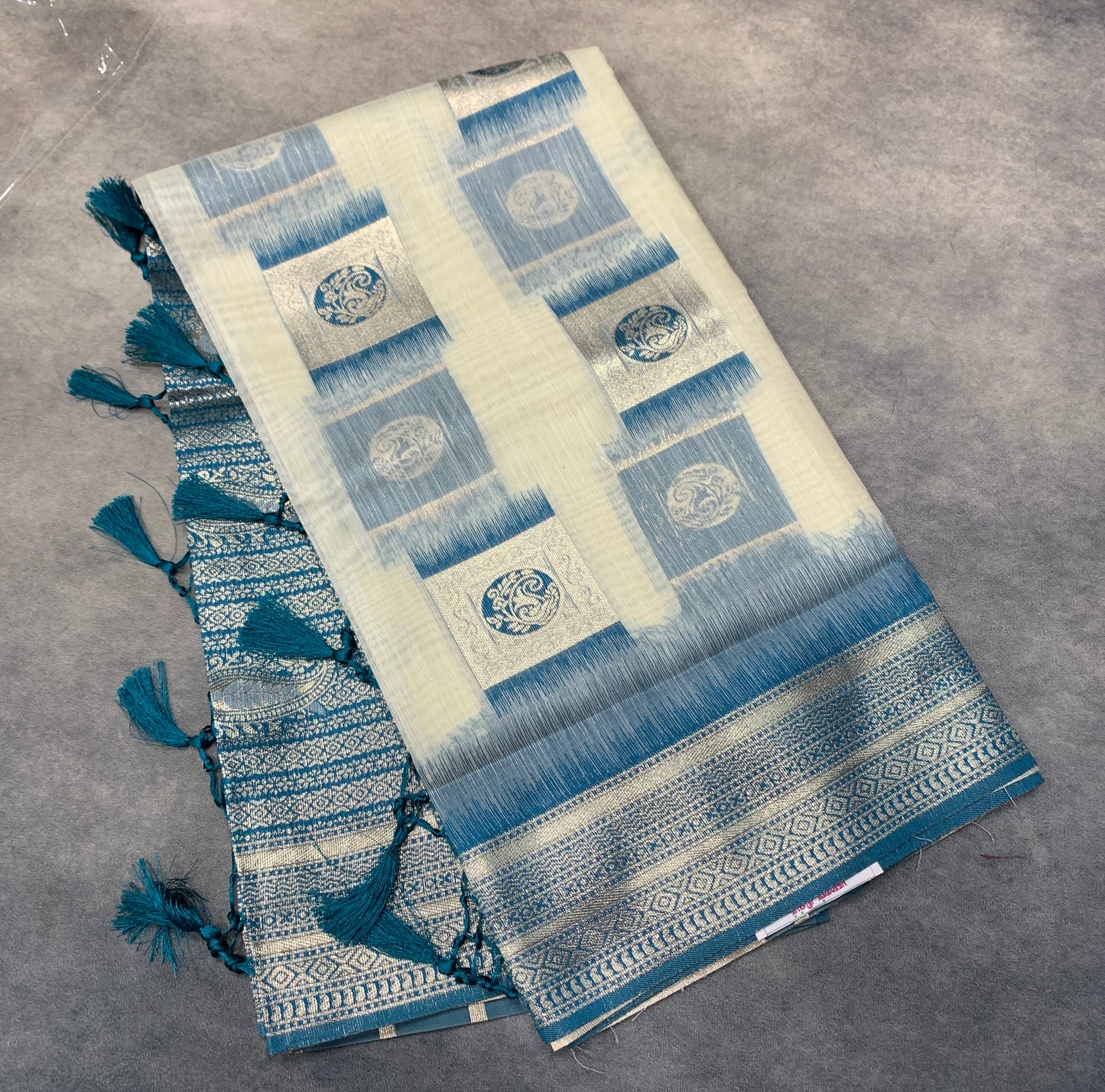 Banaras Katan Saree Off White Colour with Peacock Blue Katan Work Border