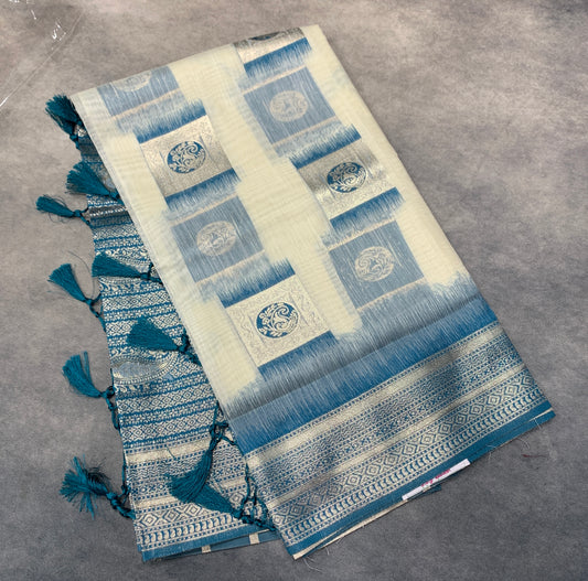 Banaras Katan Saree Off White Colour with Peacock Blue Katan Work Border