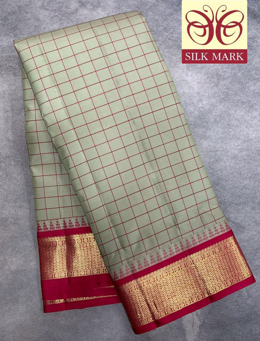 Pure Kanchipuram Silk Pista Green Colour with Red and Golden Zari Border