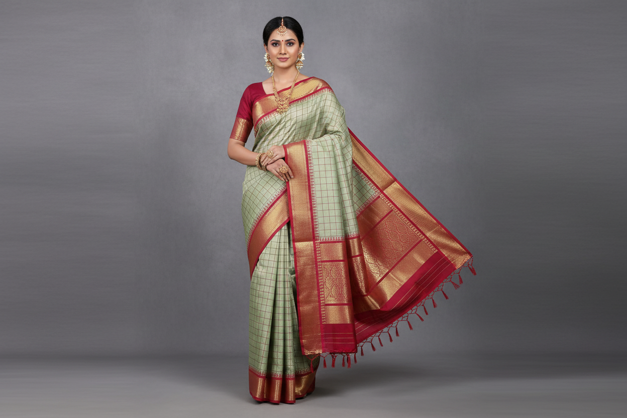 Pure Kanchipuram Silk Pista Green Colour with Red and Golden Zari Border