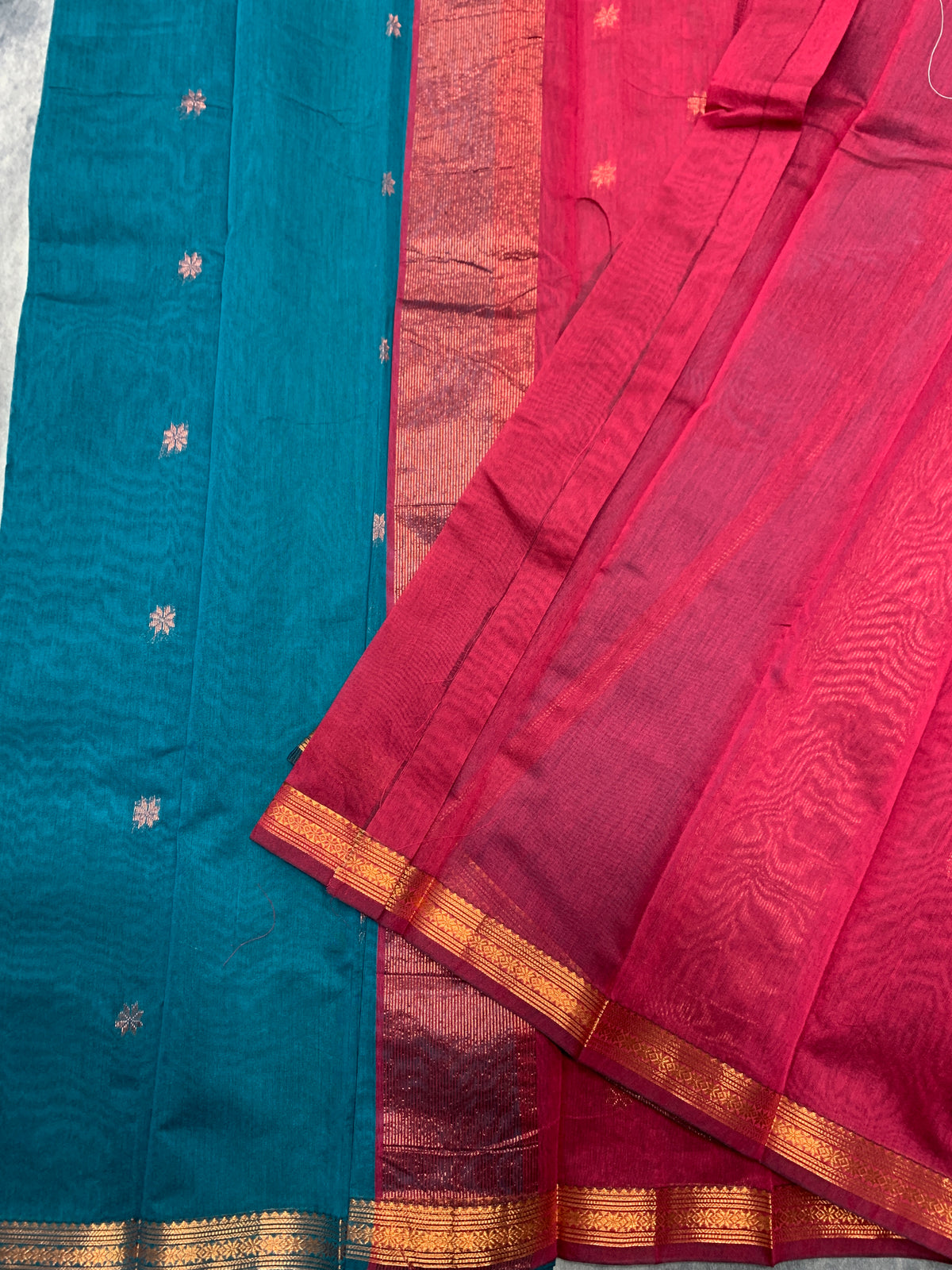 Peacock Green Colour Silk Cotton Saree with Copper Zari Border
