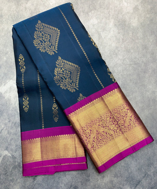 Pure Kanchipuram Silk Saree Navy Blue Colour with Purple Border