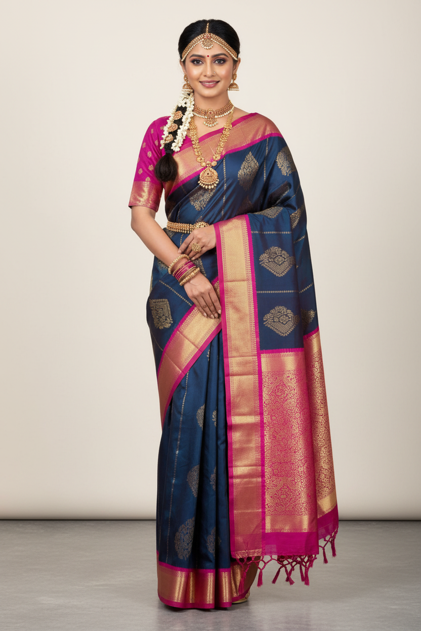 Pure Kanchipuram Silk Saree Navy Blue Colour with Purple Border