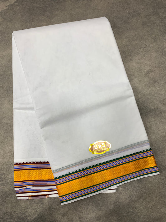 9X5 Cotton Dhoti White Colour with Blue and Yellow Border with Angavastarm