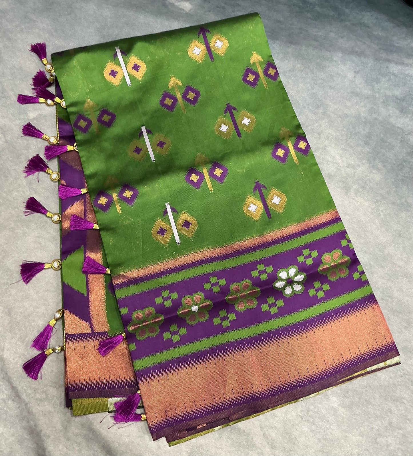 Pochampalli Semi Silk Saree Green Colour with Magenta Border