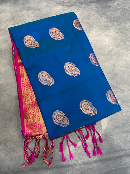 Soft Vegan Silk Saree Blue Colour with Pink and Copper Border