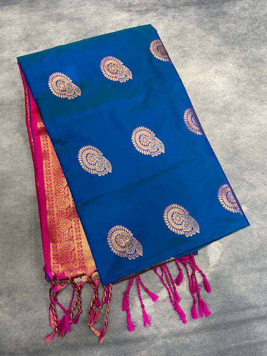 Soft Vegan Silk Saree Blue Colour with Pink and Copper Border
