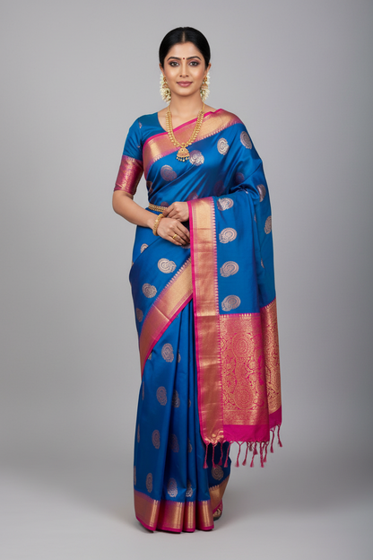 Soft Vegan Silk Saree Blue Colour with Pink and Copper Border