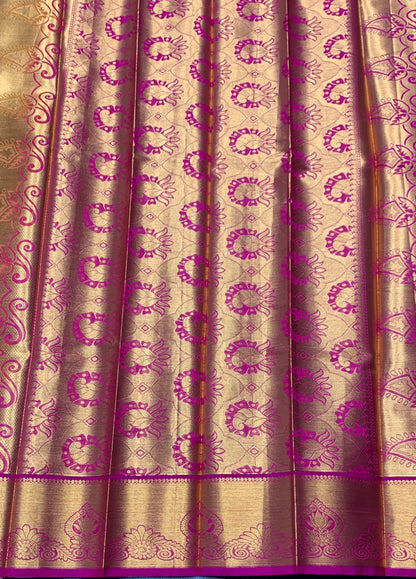 Vegan Silk Saree Lime Green Colour with Pink and Copper Border
