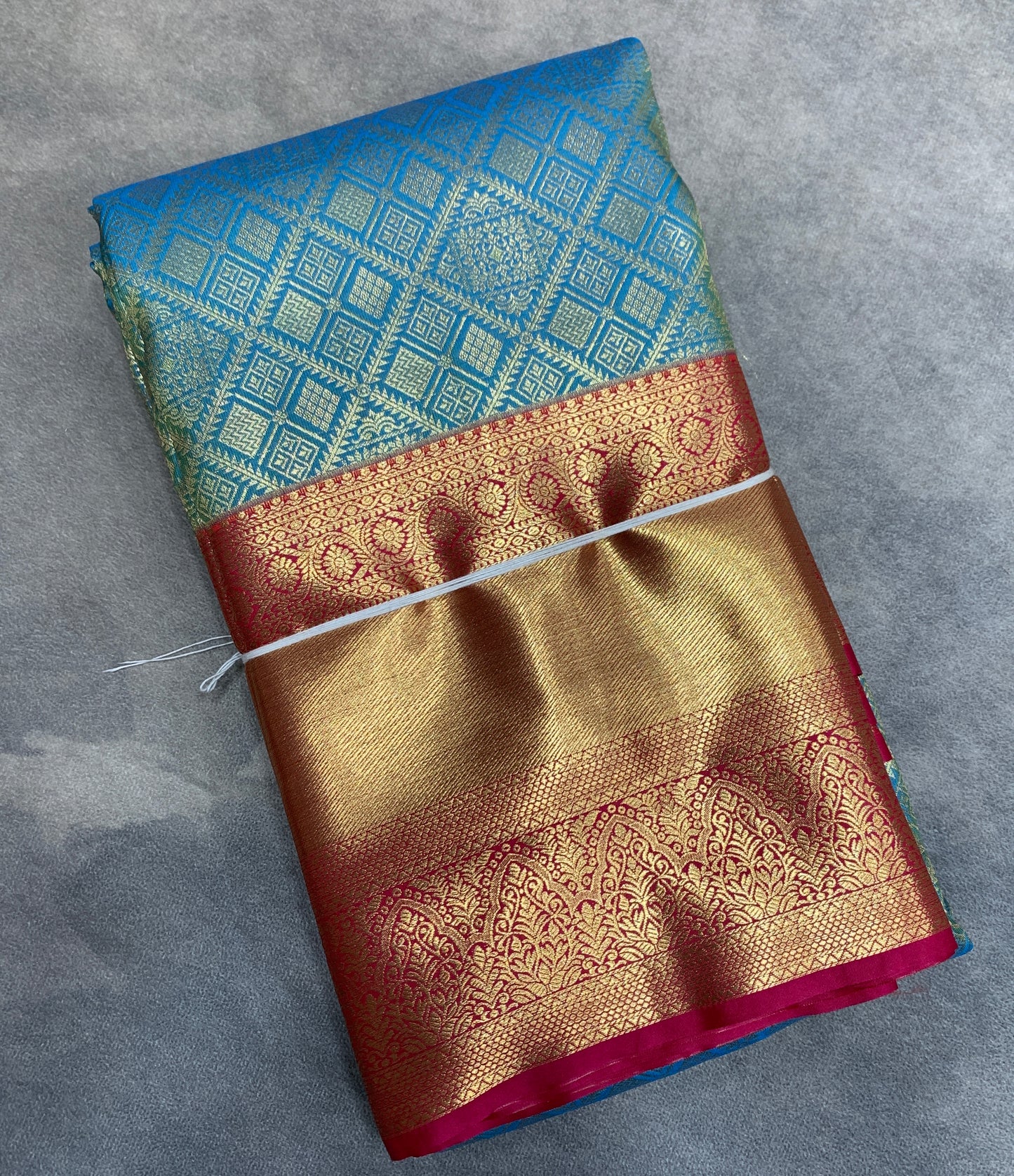 Fancy Tissue Saree Rama Blue Colour with Red Colour Border